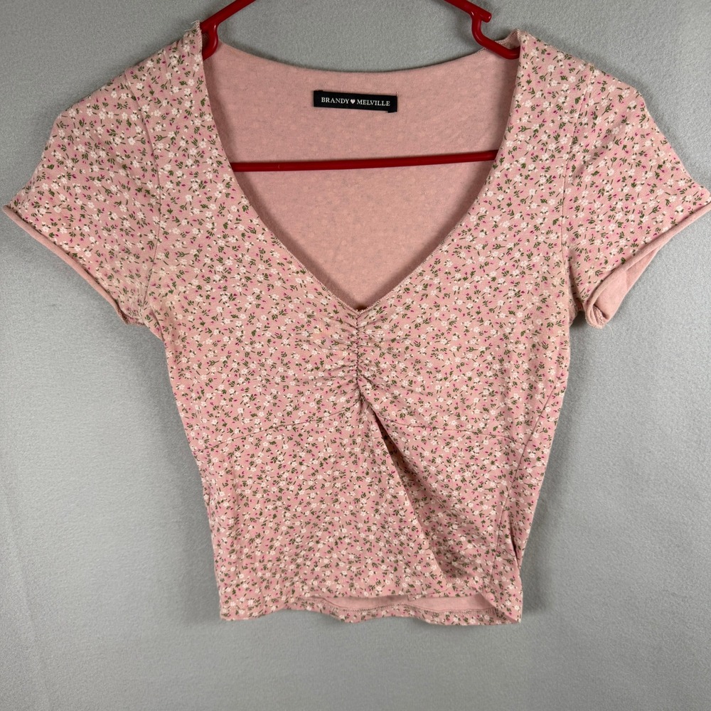 Brandy Melville Top Women One Size Slim Pink Floral Cinched Cotton Y2K EUC